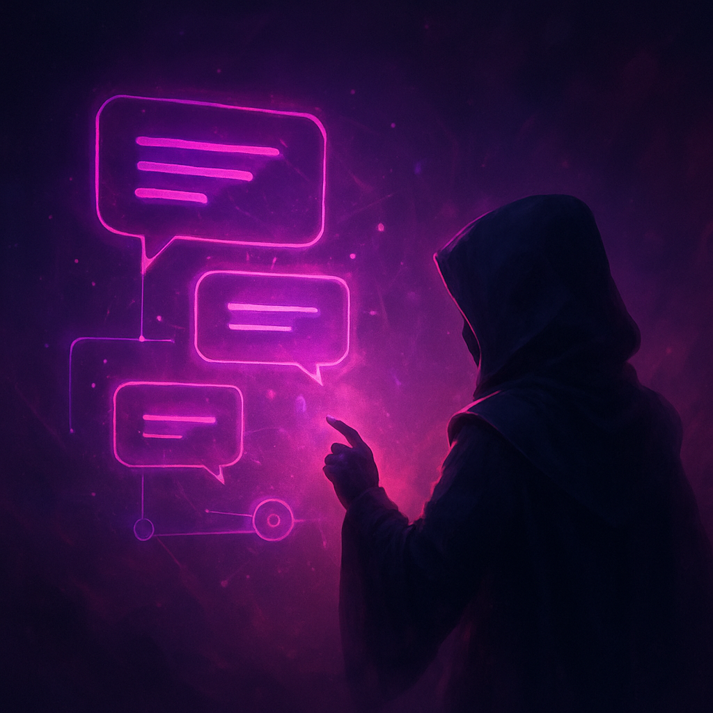 An atmospheric AI roleplay interface with glowing chat elements